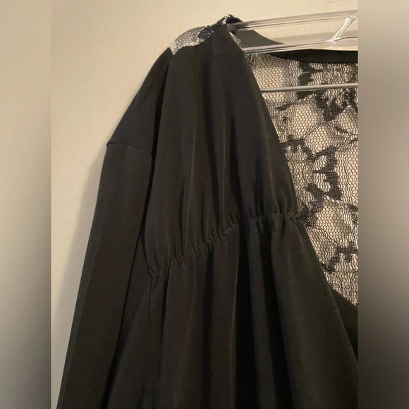 Susan Graver Black Pleated Cowl Neck Back Lace Panel Blouse Top 3/4 Sleeve Large - Picture 3 of 10